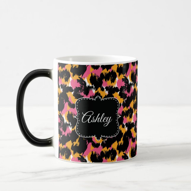 Trendig Gepardtryck Rosa Rolig Monogram Anpassad Magisk Mugg (Vänster)