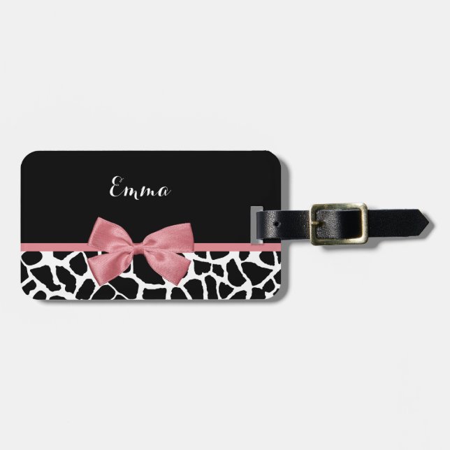 Trendig Giraffe Print Rosy Rosa Bow with Namn Bagagebricka (Horisontell Framsida)