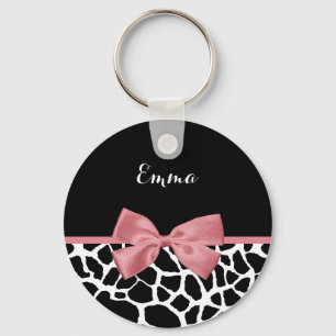 Trendig Giraffe Print Rosy Rosa Bow with Namn Nyckelring