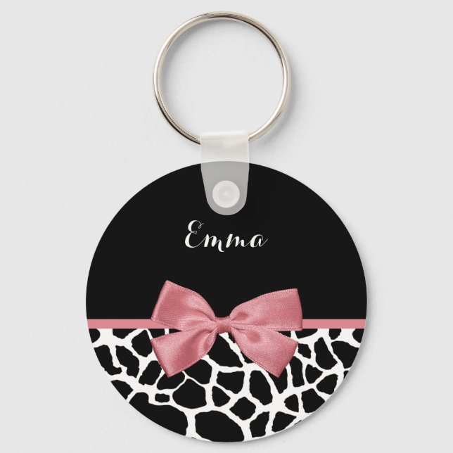 Trendig Giraffe Print Rosy Rosa Bow with Namn Nyckelring (Framsida)