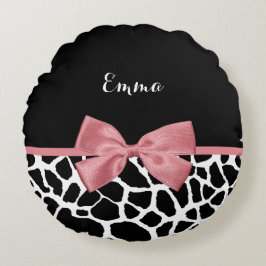 Trendig Giraffe Print Rosy Rosa Bow with Namn Rund Kudde