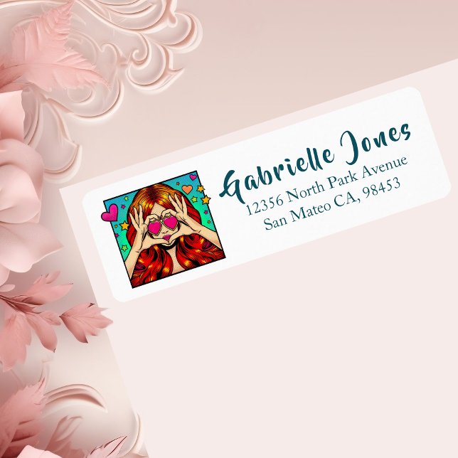 Trendig Girl in Sunglasses Pop Art Returadress Etikett (Skapare uppladdad)