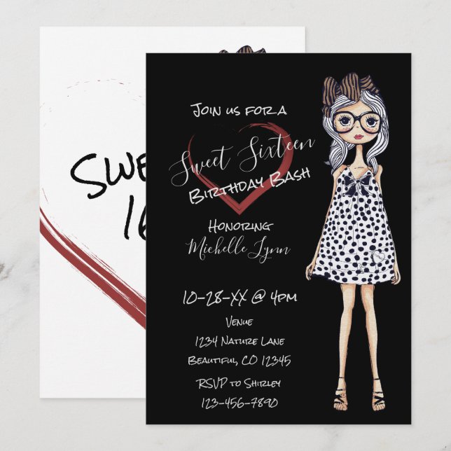 Trendig Girl n Heart Black White Sweet 16 Birthday Inbjudningar (Fram/baksida)