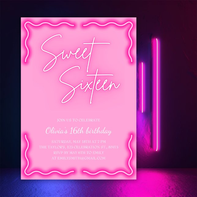 Trendig Girly Neon Rosa Sweet 16 Födelsedagsfester Inbjudningar (Skapare uppladdad)