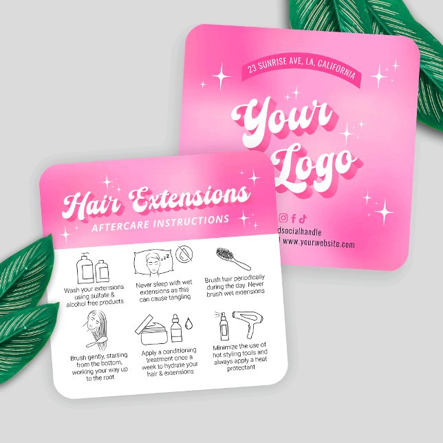 Trendig Girly Retro Rosa Hair Extensions Eftervård Fyrkantigt Visitkort (Trendy hair extensions care cards with icons, featuring girly pink design, care icons & retro fonts)