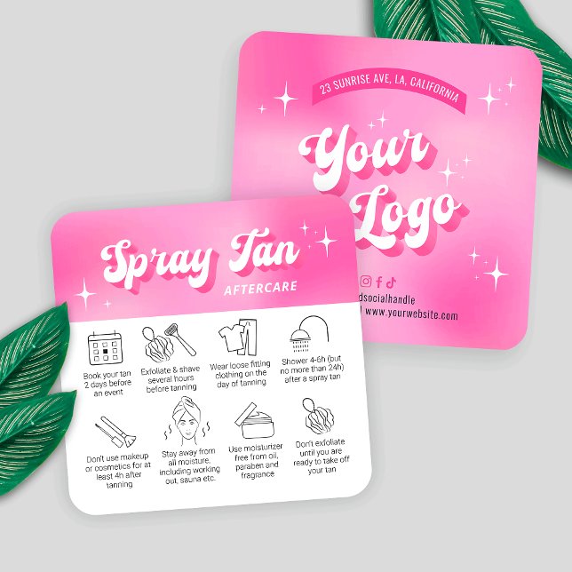 Trendig Girly Rosa Groovy Spray Tan Aftercare-kort Fyrkantigt Visitkort (Trendy spray tanning care cards with icons, featuring girly pink design, care icons & retro fonts)