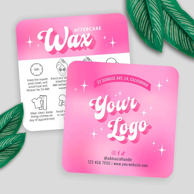 Trendig Girly Rosa Groovy Waxing Aftercare Guide Fyrkantigt Visitkort (Trendy waxing care cards with icons, featuring girly pink design, care icons & retro fonts)