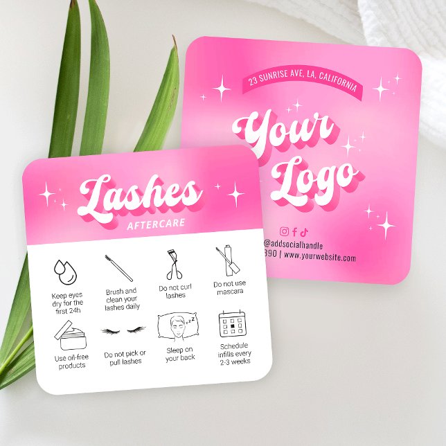 Trendig Girly Rosa Lash Extensions Aftercare-kort Fyrkantigt Visitkort (Trendy lash extensions care cards with icons, featuring girly pink design, care icons & retro fonts)