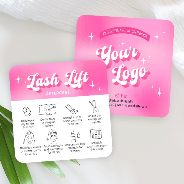 Trendig Girly Rosa Lash Hiss & Tint Aftercare-kort Fyrkantigt Visitkort (Trendy lash lift & tint care cards with icons, featuring girly pink design, care icons & retro fonts)
