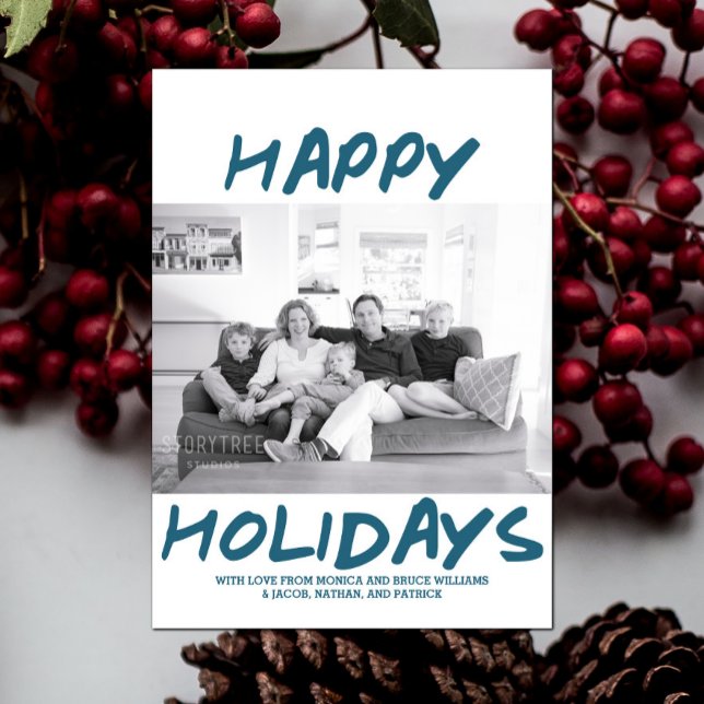 Trendig Glad helg-fotokort | Blå Julkort (Blue Trendy Happy Holidays Photo Card)