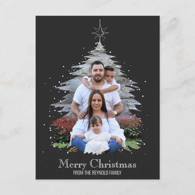 Trendig Glad Jul Träd Siluett Foto Grå Helg Vykort (Framsida)