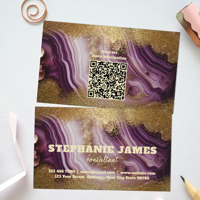 Trendig Glam Chic Lila Agate Marble Guld Glitter Visitkort (Skapare uppladdad)