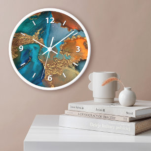 Trendig glamour agat akvarell guld turkos orange stor klocka