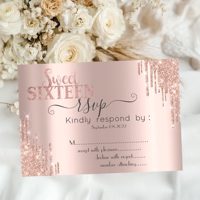 Trendig Glitter Drip Roséguld Sweet 16 RSVP Inbjudningar (Skapare uppladdad)