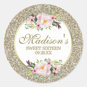 Trendig glitter guld blommig Sweet 16 Runt Klistermärke