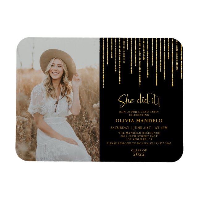 Trendig glitter-guld examensfest fotoinbjudan  magnet (Horisontell)
