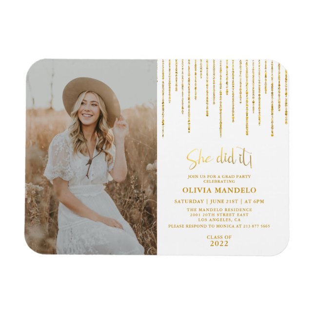Trendig glitter-guld examensfest fotoinbjudan magnet (Horisontell)