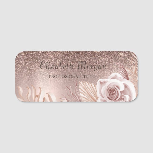 Trendig Glitter Ombre, Blomma, Rose Guld Namnbricka (Framsida)