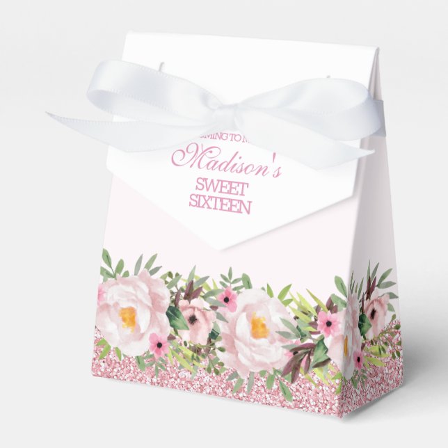 Trendig Glitter Rosa Blommigt Sweet 16 Presentaskar (Framsidan Sidan)