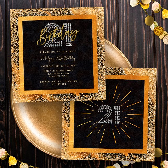 Trendig glitter svart och guld 21-års födelsedagsf inbjudningar (Front / Back)