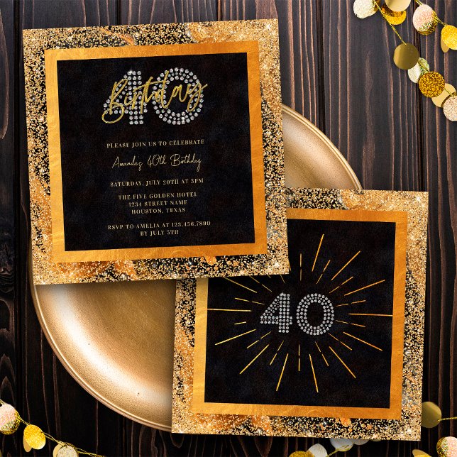 Trendig glitter svart och guld 40-års födelsedagsf inbjudningar (Front / Back)