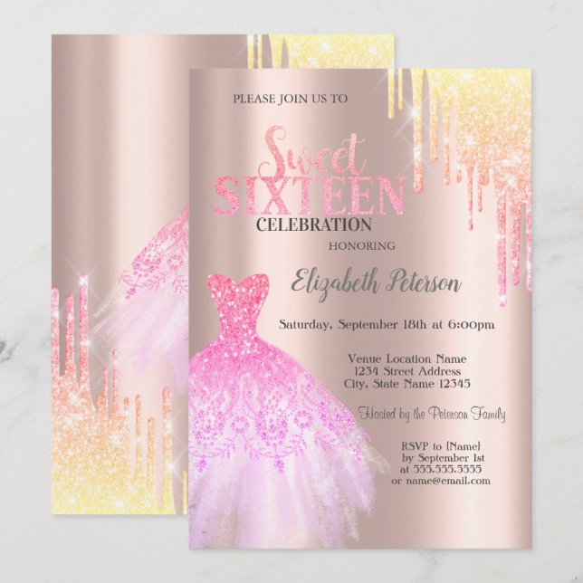 Trendig glitterdroppar, klänning rose gold Sweet 1 Inbjudningar (Fram/baksida)