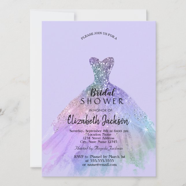 Trendig glitterklänning Lavendel Bröllopsdusch   Inbjudningar (Framsida)