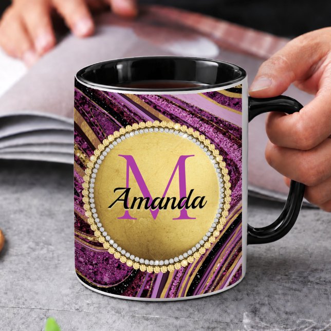 Trendig glittermarmor konst rosa guld monogram mugg (Skapare uppladdad)