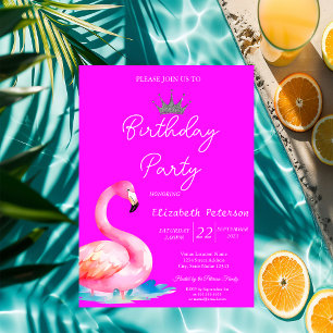 Trendig glittertiara Flamingos Neonrosa Födelsedag Inbjudningar