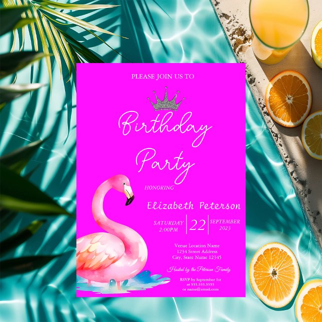Trendig glittertiara Flamingos Neonrosa Födelsedag Inbjudningar (Skapare uppladdad)