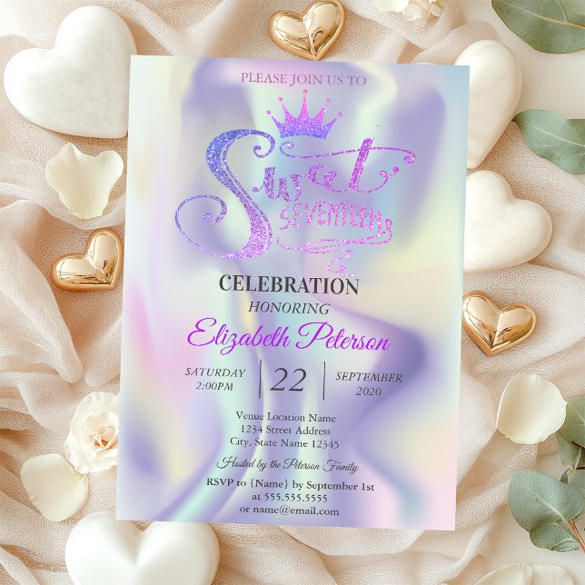 Trendig glittertiara holografisk Sweet 17 födelsed Inbjudningar (Skapare uppladdad)