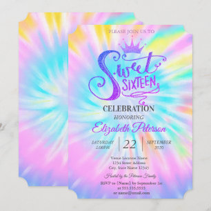 Trendig glittertiara Tie Dey Sweet 16-fest Inbjudningar
