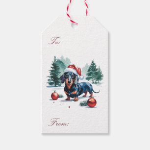 Trendig God Jul Dachshund i Tomtehatt Presentetikett
