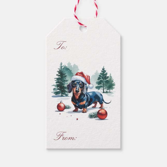 Trendig God Jul Dachshund i Tomtehatt      Presentetikett (Framsidan)