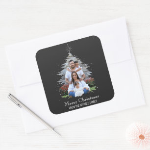 Trendig God jul Träd Silhouette Photo Grått Fyrkantigt Klistermärke