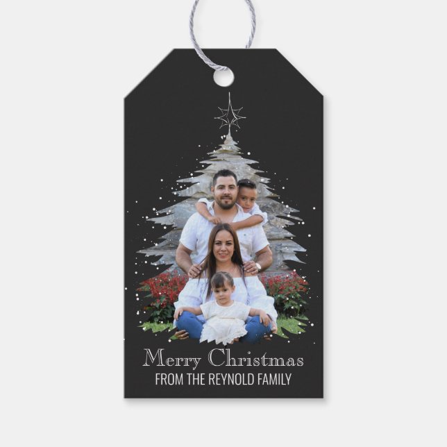 Trendig God jul Träd Silhouette Photo Grått Presentetikett (Framsidan)