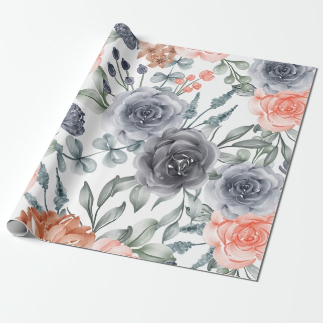 trendig grå blommig presentpapper (Utrullad)