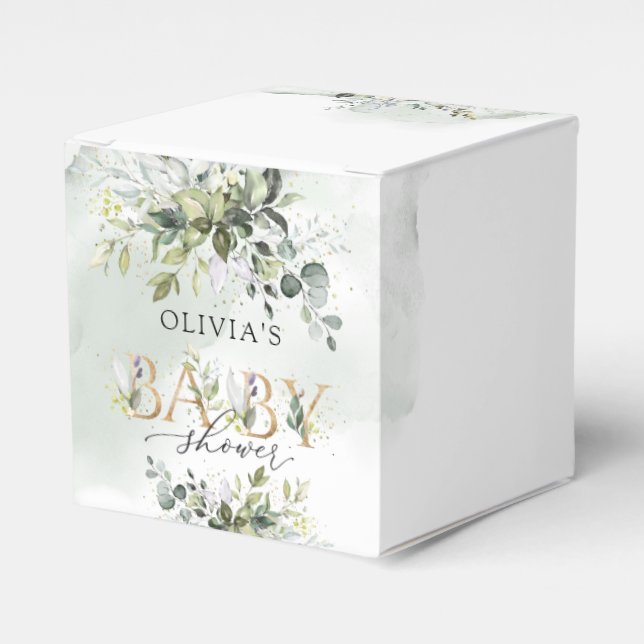 Trendig grå lövbladig babydusch i guld brev presentaskar (Framsidan Sidan)