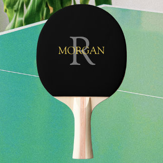 Trendig grå monogram & guldnamn på svart pingisracket