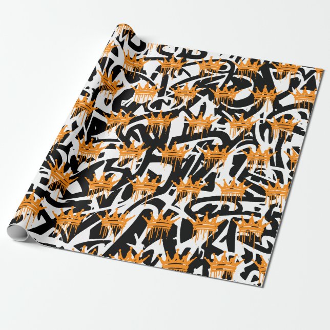 Trendig Graffiti Kronmönster Orange Svart Presentpapper (Utrullad)