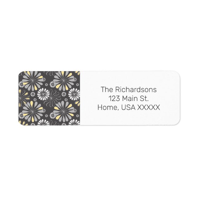Trendig Grått och Gult Blommigt Returadress Etikett (Framsidan)