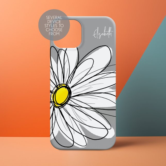 Trendig Grått och Gult Daisy Teckning (Personalized Phone Case with Whimsical Daisy and Custom Name)