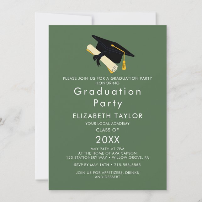 Trendig grön examensmössa Invitation till examensf Inbjudningar (Framsida)