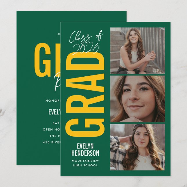 Trendig Grön Gul 3 Foto Examenfest Meddelande (Fram/baksida)