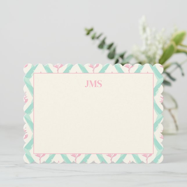 Trendig grön mönster monogram papper anteckningskort (Stående Fram)