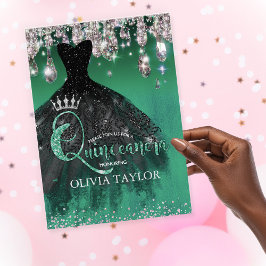 Trendig grön silver glitter droppar Quinceanera  Inbjudningar