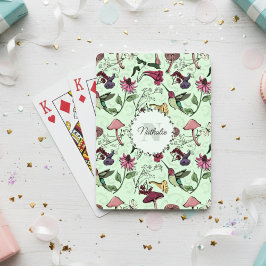 Trendig Grönt Flowers & Hummingbird Monogram Casinokort