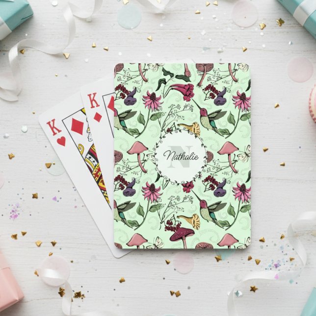 Trendig Grönt Flowers & Hummingbird Monogram Casinokort (Floral Hummingbird Playing Cards. Botanical Hummingbirds & Flowers Pattern for Animal & Bird Lovers)