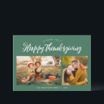 Trendig grönt happy thanksgiving julkort<br><div class="desc">happy thanksgiving-hälsningskort med modern typdesign för skript. Du kan ladda upp en egen bild och redigera texten och färg.</div>