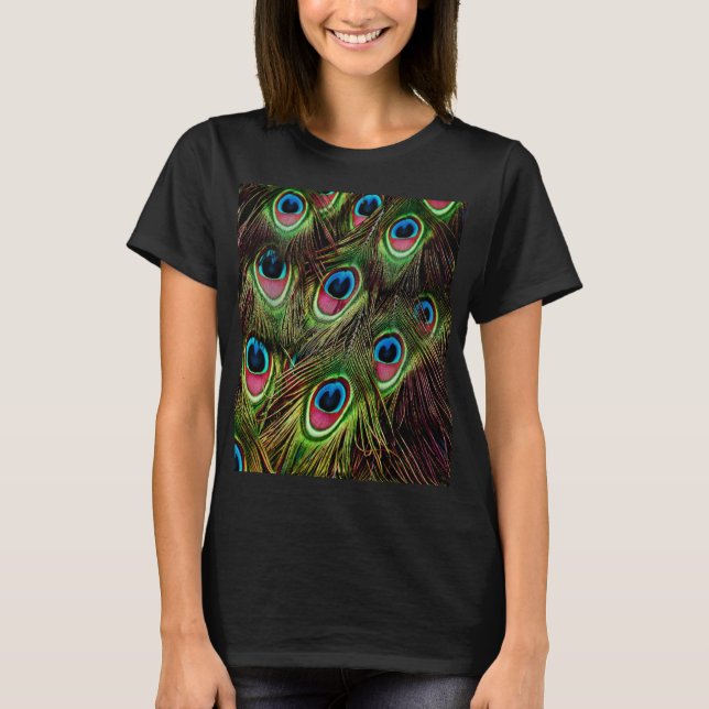 trendig grönt lila teal turquise peacock-fjädrar t shirt (Framsida)